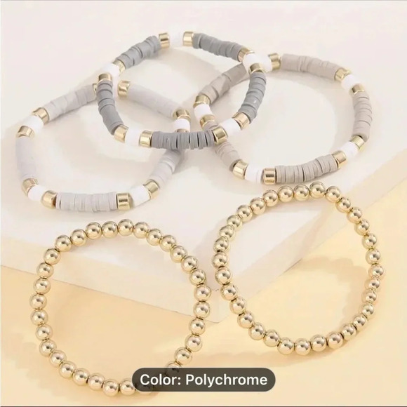 🌺 BEACHY 7 Piece Gray And Gold Stretch Bracelets 🌺 - Picture 2 of 4